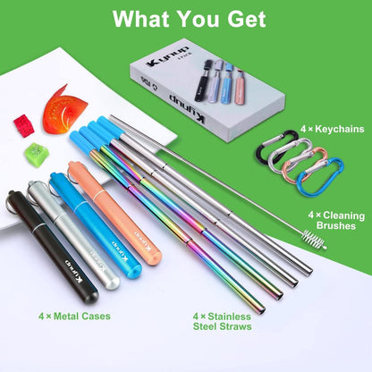 4Packs Reusable Straws, Metal Straw with Silicon, Travel Drinking Straws with Case, Keychain, Cleaning Brushes, Silicon Pcs Perfect for Travel, Gifts (20 PCS) Blue-Black-Rose Gold-Silver