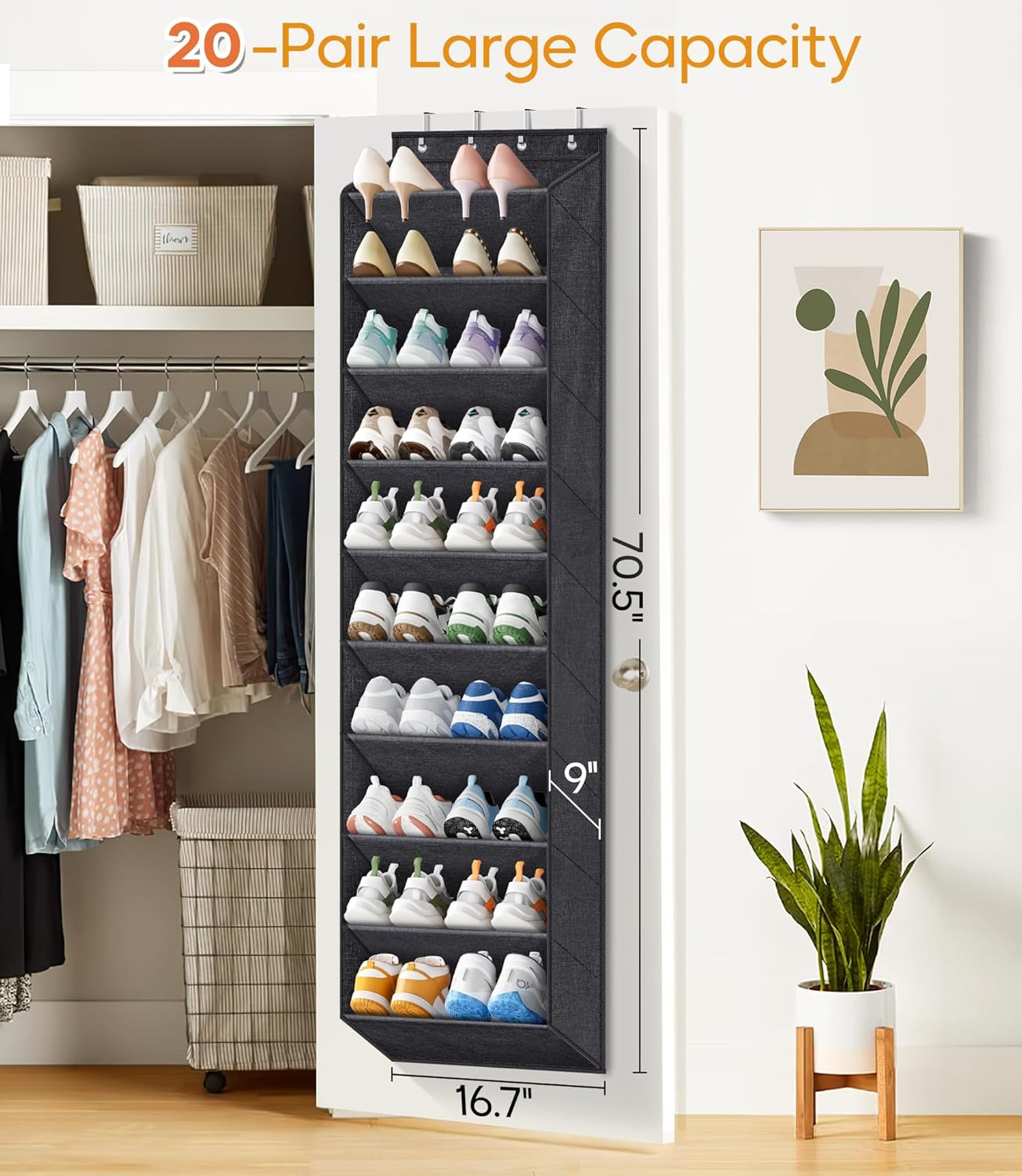 10 Tier over the Door Shoe Organizer with Large Pockets, Hanging Shoe Rack for Closet Door Storage, Fits 20 Pairs of Sneakers Boots Hanger Holder, Black