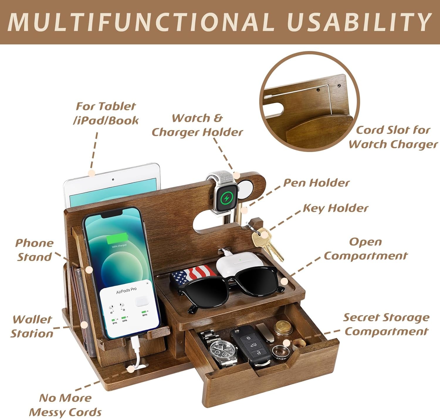 Gifts for Men Him Husband Dad, Wood Phone Docking Station with Drawer, Birthday Anniversary Men Him Husband Boyfriend Gifts from Girlfriend, Mens Nightstand Organizer Presents Ideas