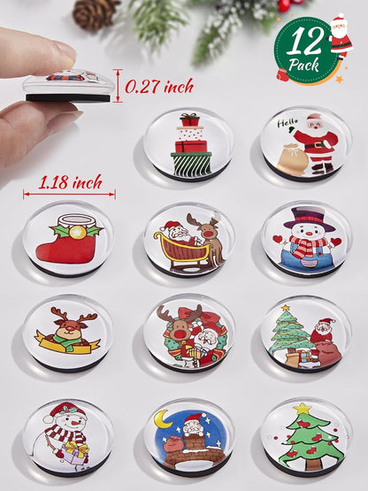 12-Pack Christmas Magnets for Fridge, Glass Christmas Refrigerator Magnets, Small Xmas Decorative Magnets, Cute Funny Fridge Magnets for Home Kitchen Office Dishwasher (Round Shape)
