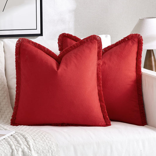 Throw Pillow Covers Boho Farmhouse 24X24 Christmas Set of 2 Decorative Christmas Red Eruo Sham Couch with Fringe Chic Cotton Pillowcases Home Decor Accents for Cushion Soft Bed Living Room