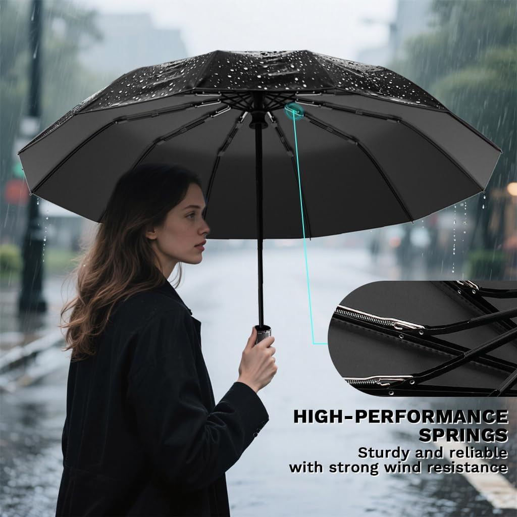 Automatic Compact Travel Umbrella, Windproof Folding 12 Ribs Umbrella for Rain & Sun with UV Protection, Lightweight & Portable for Men and Women