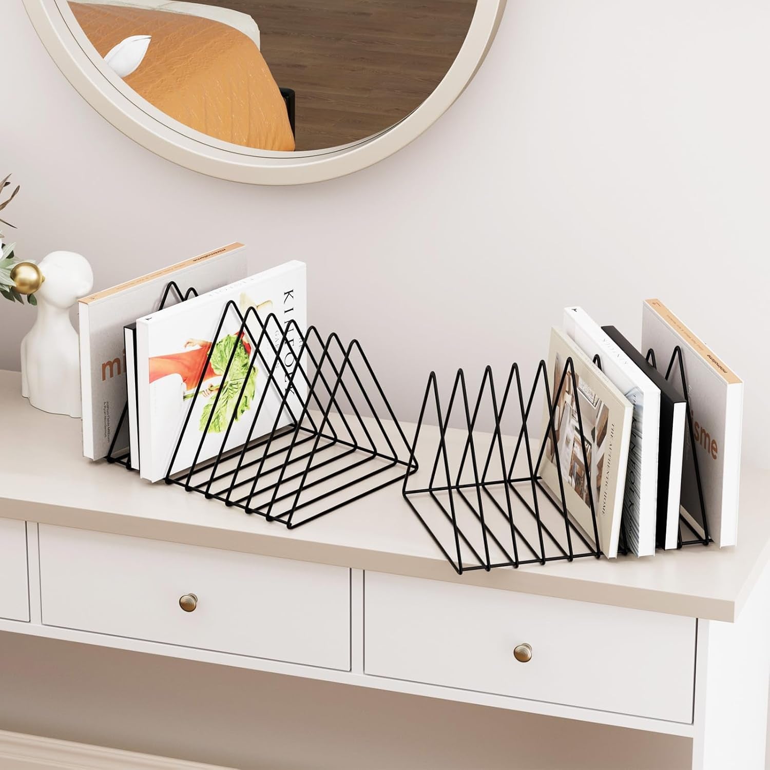 Triangle Desk Organizer - Metal Wire Magazine Holder, 10 Sections, Decorative File Folder Organizer, Vinyl Record Storage, Office File Holder - Black