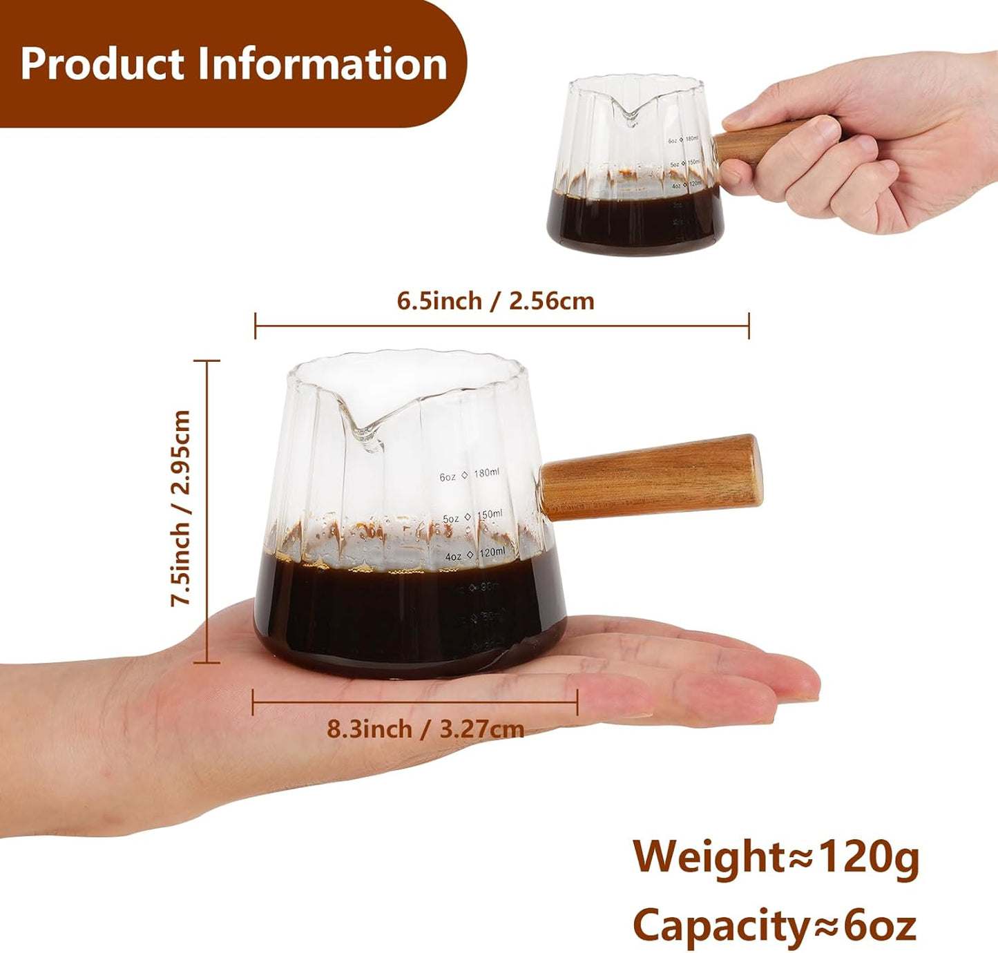 6 Oz/180Ml Glass Measuring Cup with Wooden Handle – Espresso Shot Cups, Ribbed Milk Frothing Pitcher, Dual Scale Markings, V-Shaped Mouth for Easy Pouring