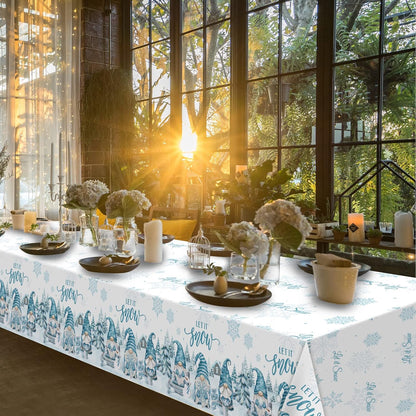 1 Pcs Christmas Winter Gnome Tablecloth, Plastic Disposable Christmas Let It Snow Snowflake Xmas Tree Ice Blue Table Cover for Xmas Winter Holiday Themed Party Decorations and Supplies, 54 X 108 Inch