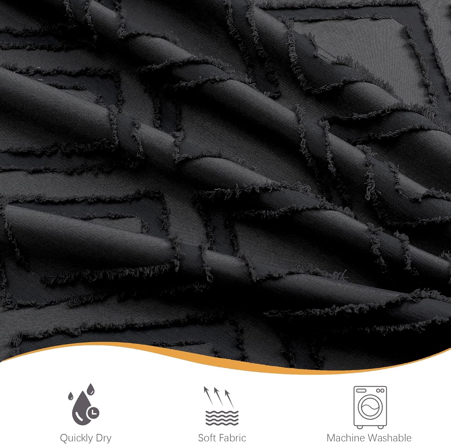 Black Shower Curtain Set for Bathroom, 36 “ Width Stall Small Boho Shower Curtain with 12 Hooks, Soft Lightweight Jacquard Design Fabric Shower Curtain, Machine Washable, Black, 36 W X 72 L