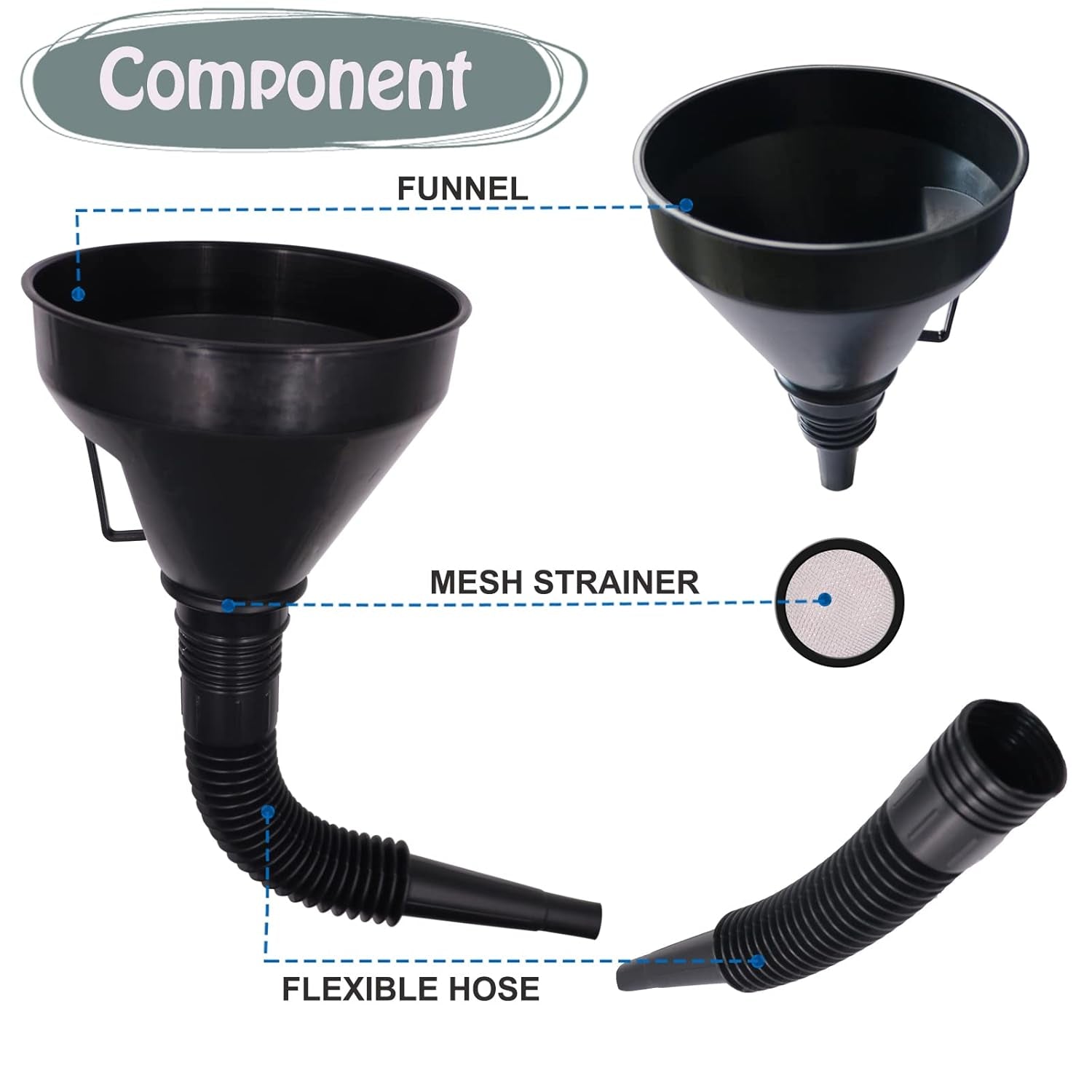 Professional Automotive Plastic Oil Funnel Set - 5 Large Flexible Fuel Funnels with Hose for Efficient Liquid Transfer in Automotive, Marine, and Canning Applications