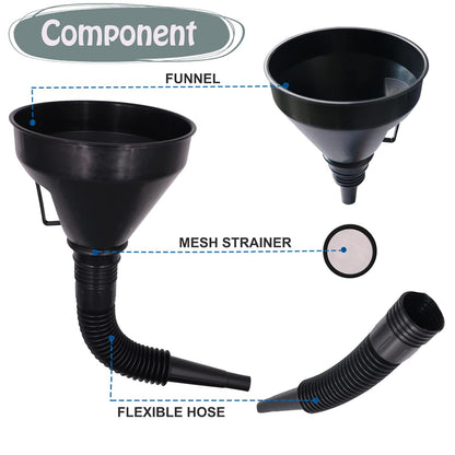 Professional Automotive Plastic Oil Funnel Set - 5 Large Flexible Fuel Funnels with Hose for Efficient Liquid Transfer in Automotive, Marine, and Canning Applications