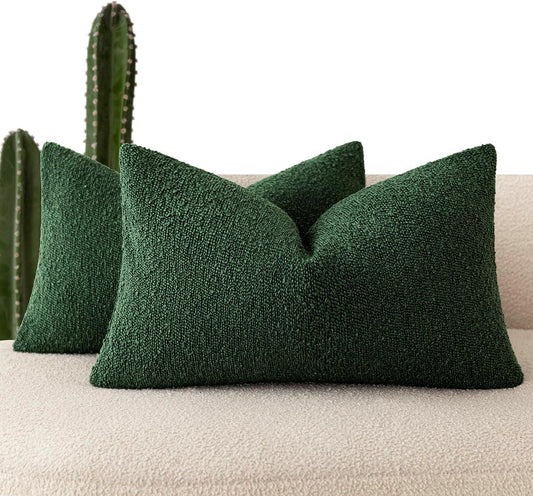 Pack of 2 Textured Boucle Throw Pillow Covers Accent Solid Decorative Lumbar Pillow Cases Soft Couch Cushion Case for Chair Sofa Bedroom Living Room Home Decor 12X20 Inch Pine Green