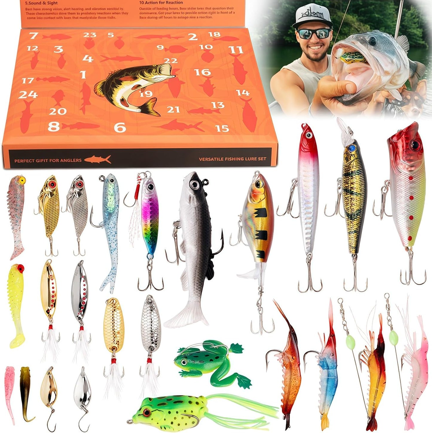 24 Days Fishing Lure Advent Calendar 2025 for Men & Teen Boys, 24 Unique Artificial Baits for Fresh/Saltwater | Christmas Countdown Gift for Anglers (Crankbaits, Poppers, Minnows, Jigs, Frog Lures)