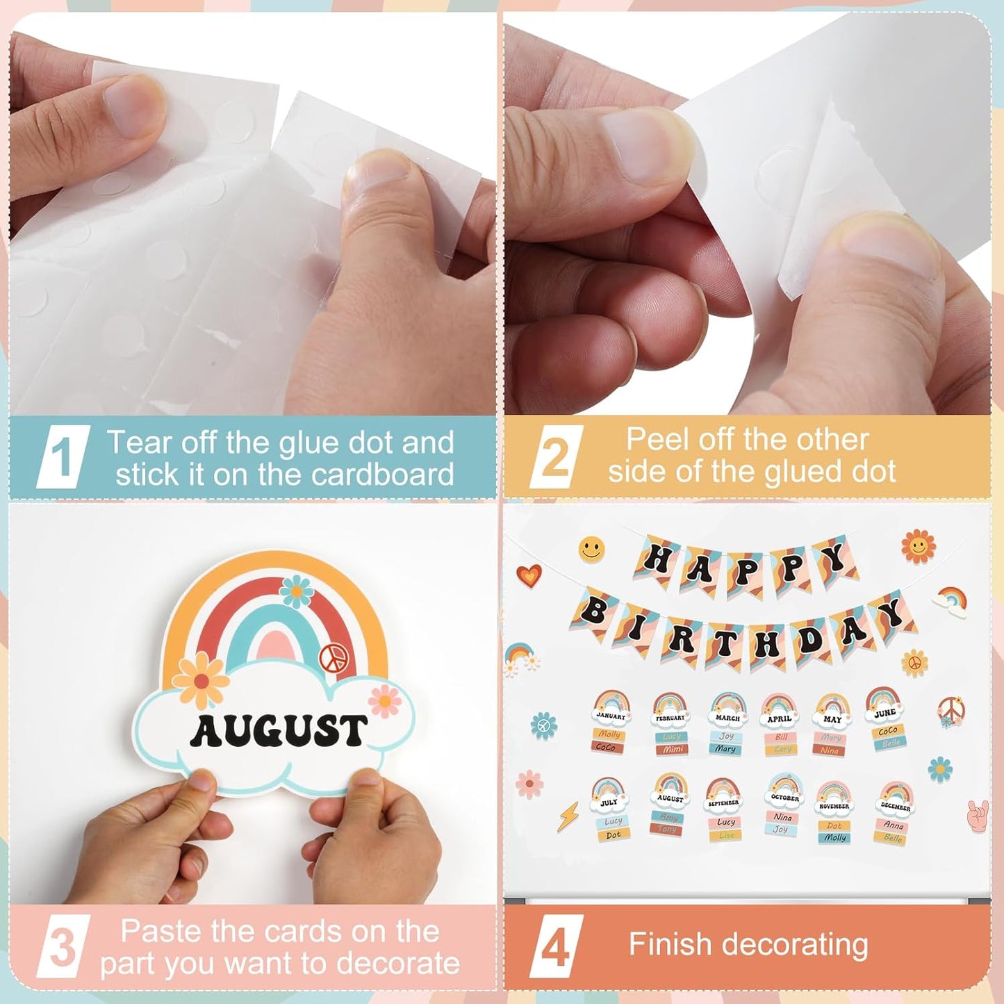 85Pcs Retro Classroom Happy Birthday Buletin Boards Set, Groovy Rainbow Theme Chart Calendar Posters with Glue Point for Kindergarten Prechool Wall Decorations