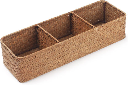 Seagrass Tank Basket for Toilet Paper 3 Sections Woven Storage Basket with Large Compartment Natural (16.5Inch X 5.5Inch X 3.5Inch)
