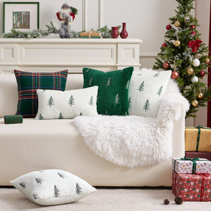 Christmas Decorative Pillow Covers Set of 2 Faux Fur Throw Pillows with Embroidered Christmas Tree 18X18 Inch White Green Winter Couch Covers for Festival Sofa Bedroom Living Room Home Decor