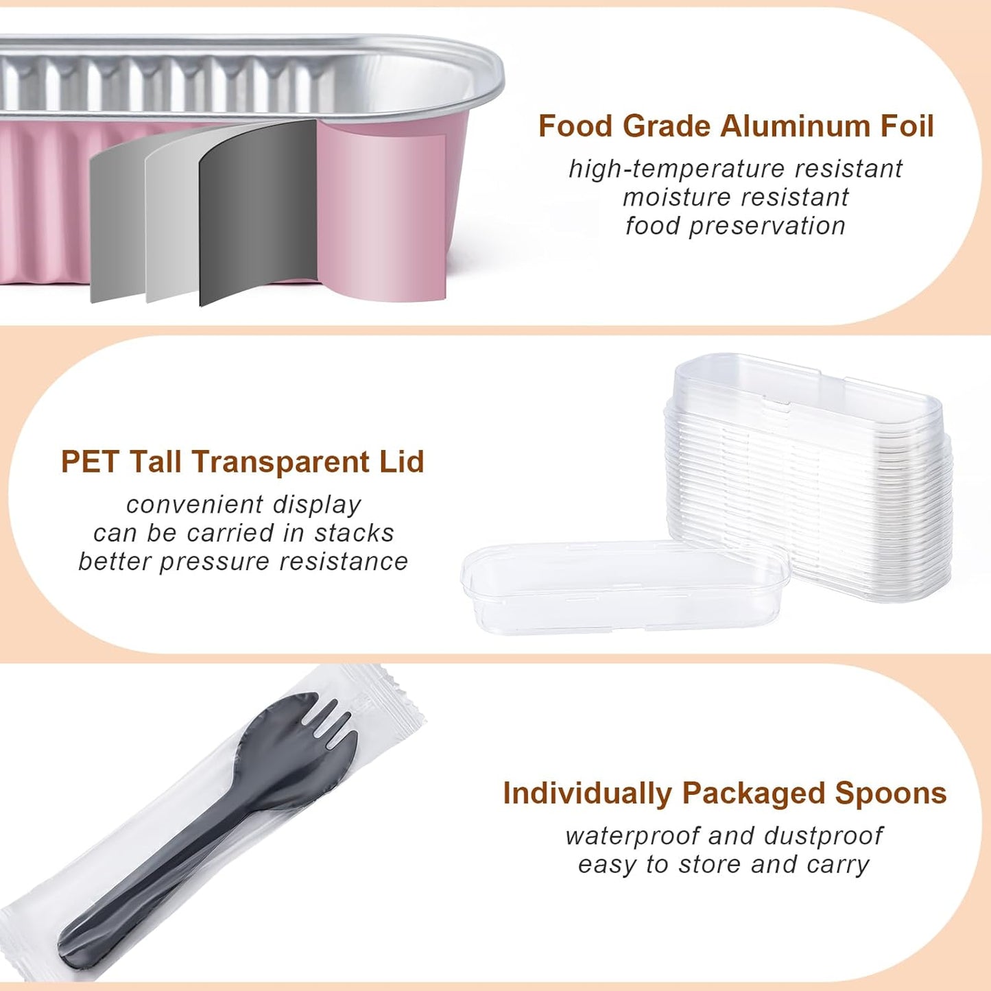 Mini Cake Pans with Lids and Spoons, Small Aluminum Foil Loaf Pans, Rectangular Baking Containers for Party and Picnics, 25 Pack, 6.8Oz (Pink)