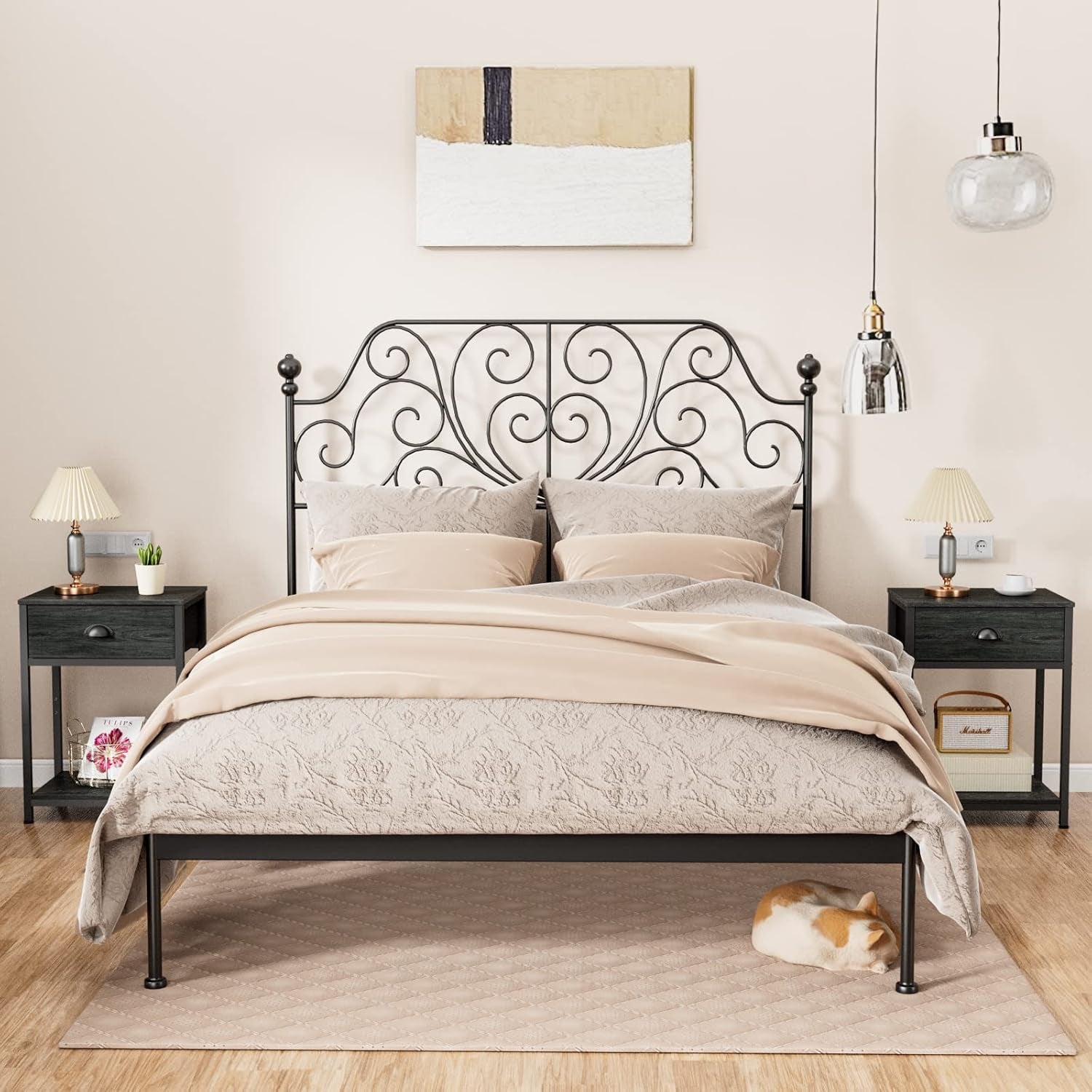 Nightstand with Fabric Drawer & Storage Shelf, Small Bedside Table Organizer for Small Space, 2 Tiers Industrial End Table, Side Table for Living Room, Bedroom, Black Oak