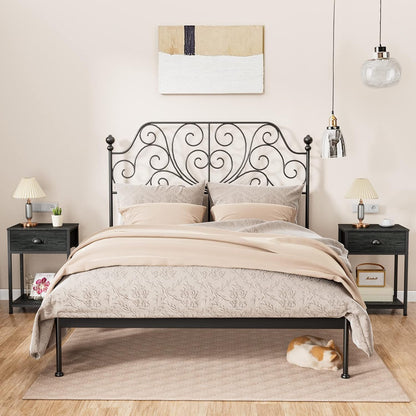 Nightstand with Fabric Drawer & Storage Shelf, Small Bedside Table Organizer for Small Space, 2 Tiers Industrial End Table, Side Table for Living Room, Bedroom, Black Oak