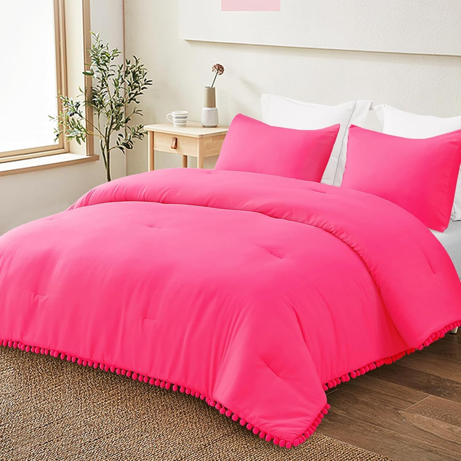 Bohemian Pom Pom Ball Fringe Queen Comforter Set, 3-Piece Lightweight Down Alternative Bedding for All Seasons in Hot Pink