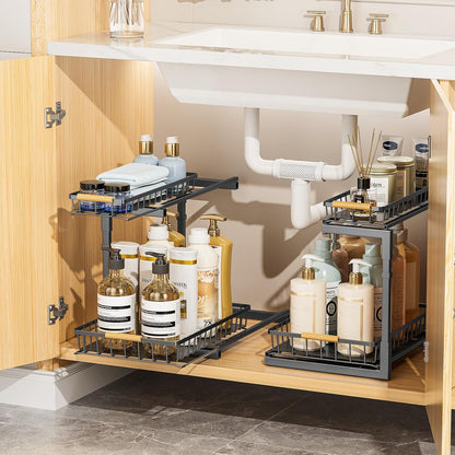 2 Pack under Sink Organizer and Storage, 2 Tier Pull Out Cabinet Organizer, Slide Out under Sink Storage Shelf, Undersink Organizers Shelves for Kitchen Bathroom Pantry Organization
