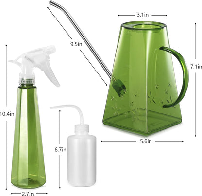 Indoor Plants Watering Can - Long Spout 47 Oz with Bonus 16 Oz Spray Bottle & 8.5 Oz Squeeze Bottle, Green