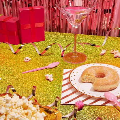 Gold Holographic Tablecloths - Set of 2, 40" x 108", Laser Shiny Plastic Glitter Foil Covers for Christmas, Weddings, Graduations, Baby Showers, 1920s Birthday Parties, and Anniversaries
