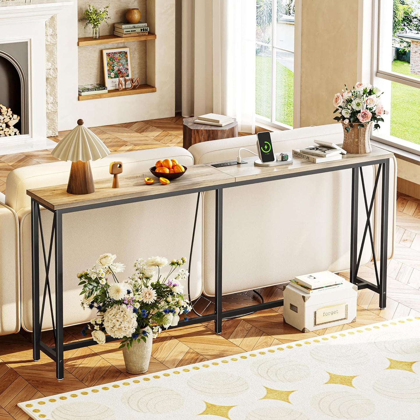 70-Inch Console Table with Integrated Outlets and USB-C Port, Extra Long X-Shaped Design for Entryway and Living Room, Metal Frame with Wooden Top in Grey Oak