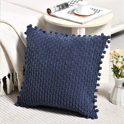 Set of 2 Navy Blue Decorative Throw Pillow Covers 18X18 Inch with Pom-Poms for Couch Bedroom Living Room, Modern Farmhouse Boho Home Decor, Soft Plush Corduroy Cute Cushion Case 45X45 Cm