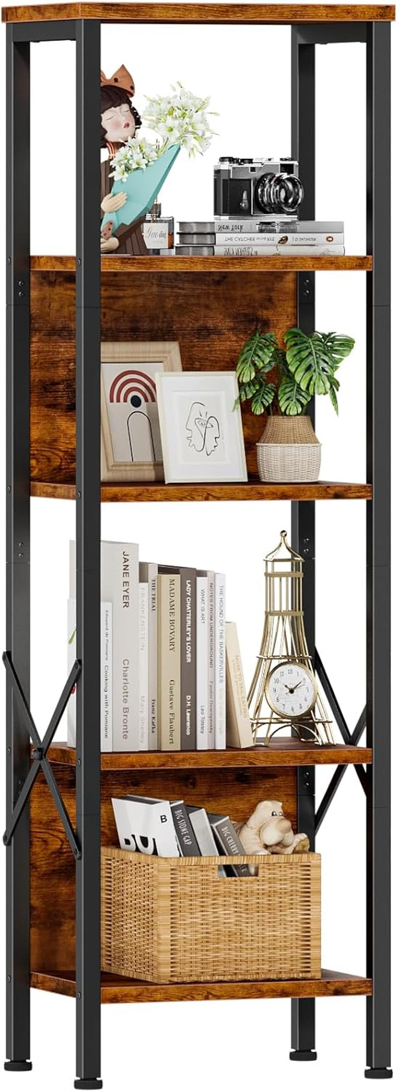 5 Tier Tall Bookshelf with Back, Display Narrow Bookcase, Industrial Storage Corner Shelves Organizer for Bedroom, Living Room, Entryway, Kitchen, Rusitc Brown