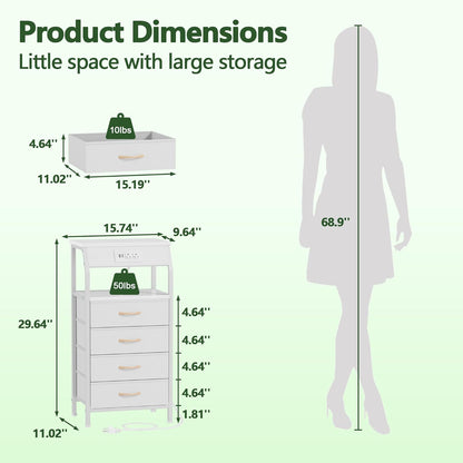 Elegant Nightstand with Integrated Charging Station, Versatile Dresser Featuring PVC and Fabric Drawers, 33.3-Inch Side Table with Open Shelf, Ideal for Bedroom, Closet, and Entryway Use, White Finish