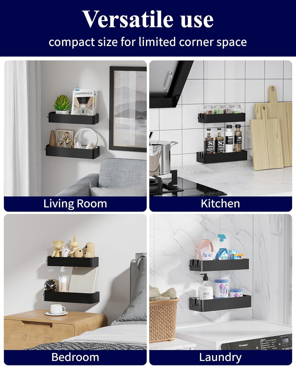 Large Shower Caddy - 2 Pack Adhesive Shower Organizer, Rustproof Stainless Steel Shelves, No-Drill Bathroom Organizers and Storage, Black