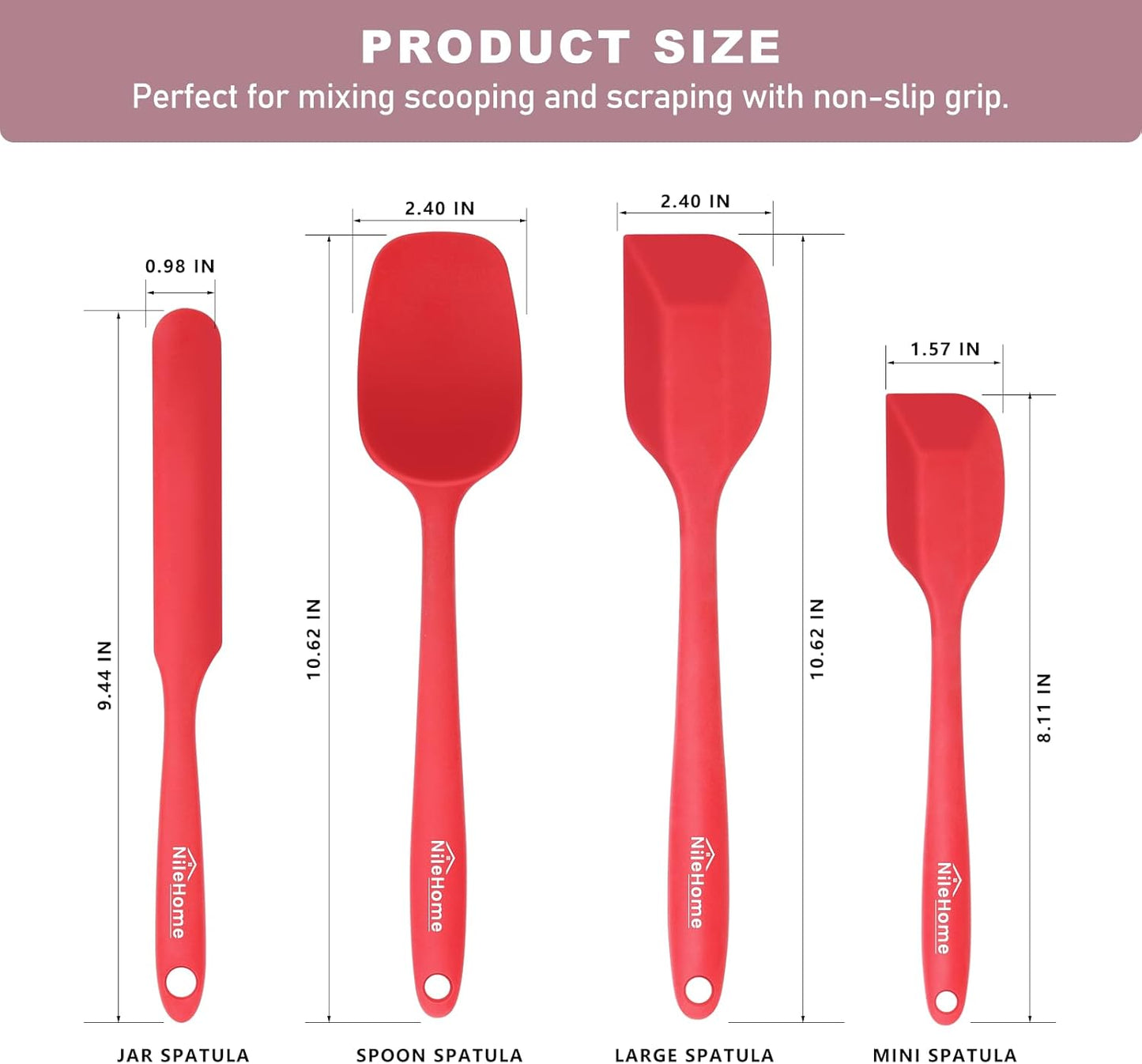 Silicone Spatula Set, Rubber Spatula High Heat-Resistant Premium Bpa-Free One Piece Seamless Design Cooking Spatulas Utensils Set for Kitchen 4Pack(Red)