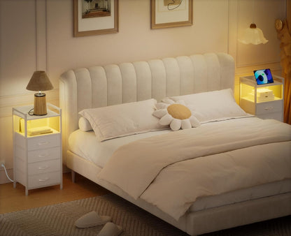 White Nightstand with Charging Station and LED Light, Tall Bedroom Dresser with 4 Fabric Storage Drawers, Metal Frame and Wood Shelf