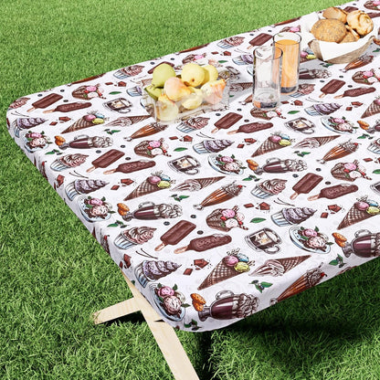 Rectangle Printed Fabric Tablecloth, Elastic Fitted Table Cloth for 6 Foot Table, Washable Polyester Table Cover for Outdoor, Picnic, Camping and Indoor, (Ice Cream, 30" X 72")