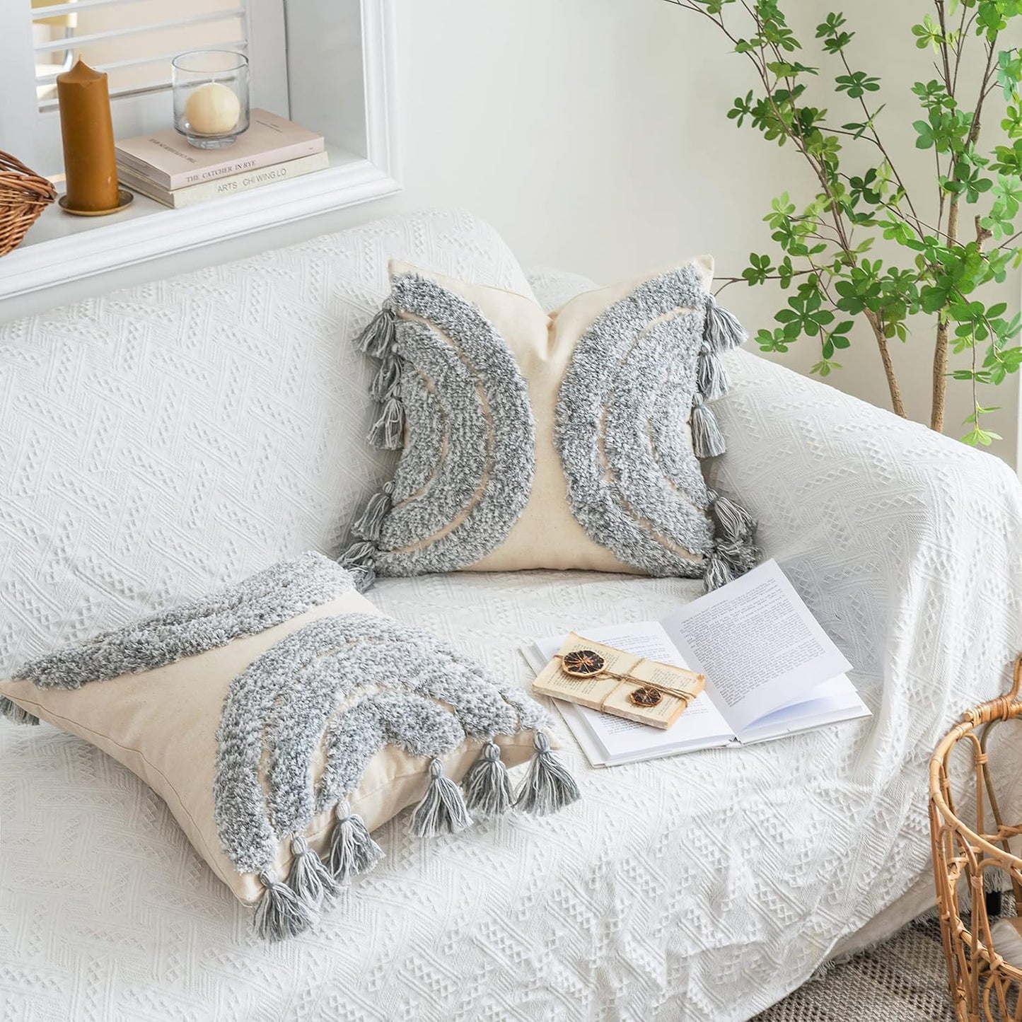 Gorgeous Half Moon Accent Boho Tufted Decorative Throw Pillow Cover, Stylish & Cozy Rainbow Design Cotton Canvas Cushion Cover | Tassels Pillow Case Home Decor 18"X 18" Mixed Grey 1 Piece