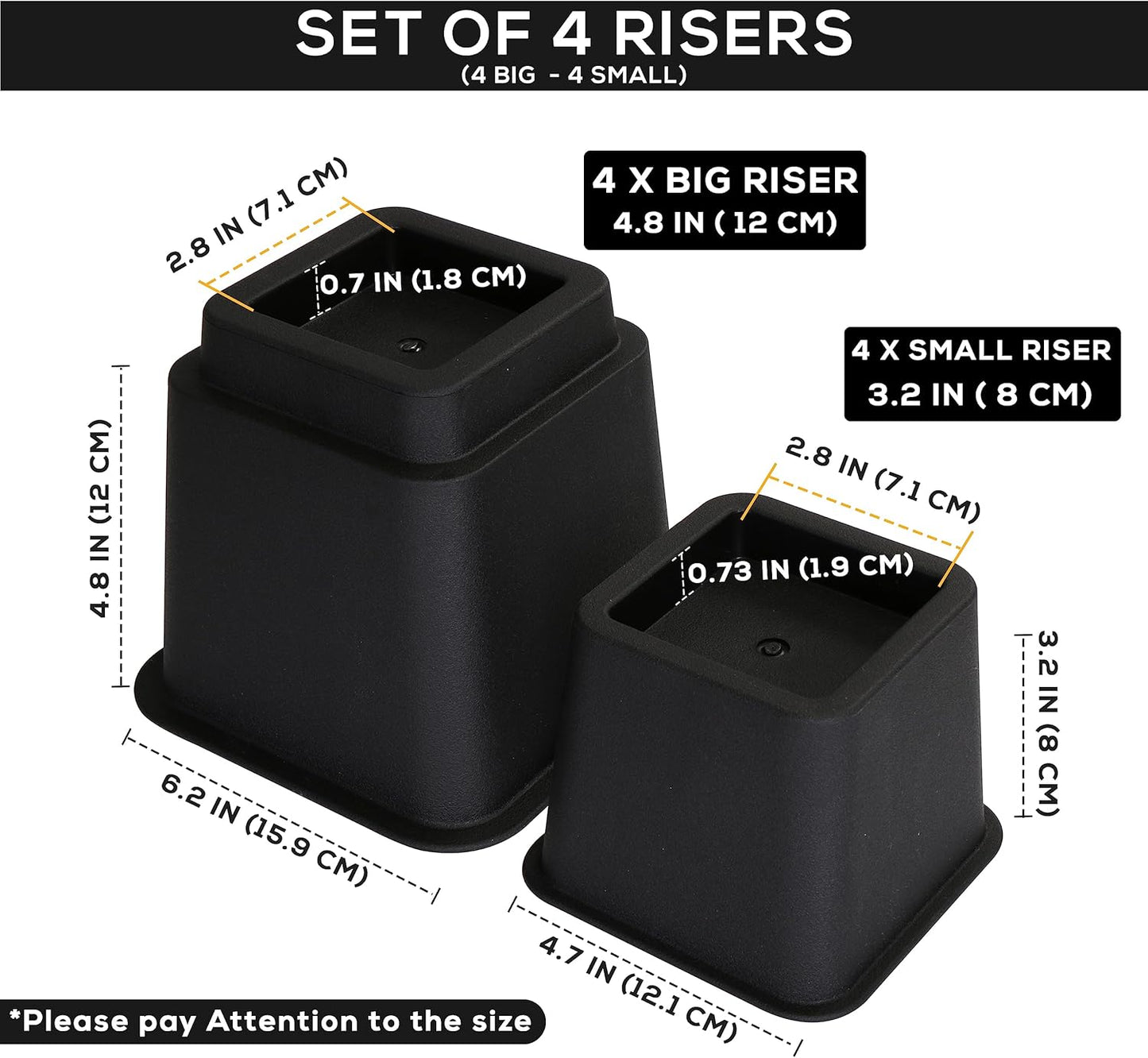 - Adjustable Bed Risers 3, 5, 8 Inch – Heavy Duty Furniture Riser Set of 4 for Beds, Couch & Desk – under Bed Storage & Dorm Room Essential – Supports up to 1,300 Lbs – Black