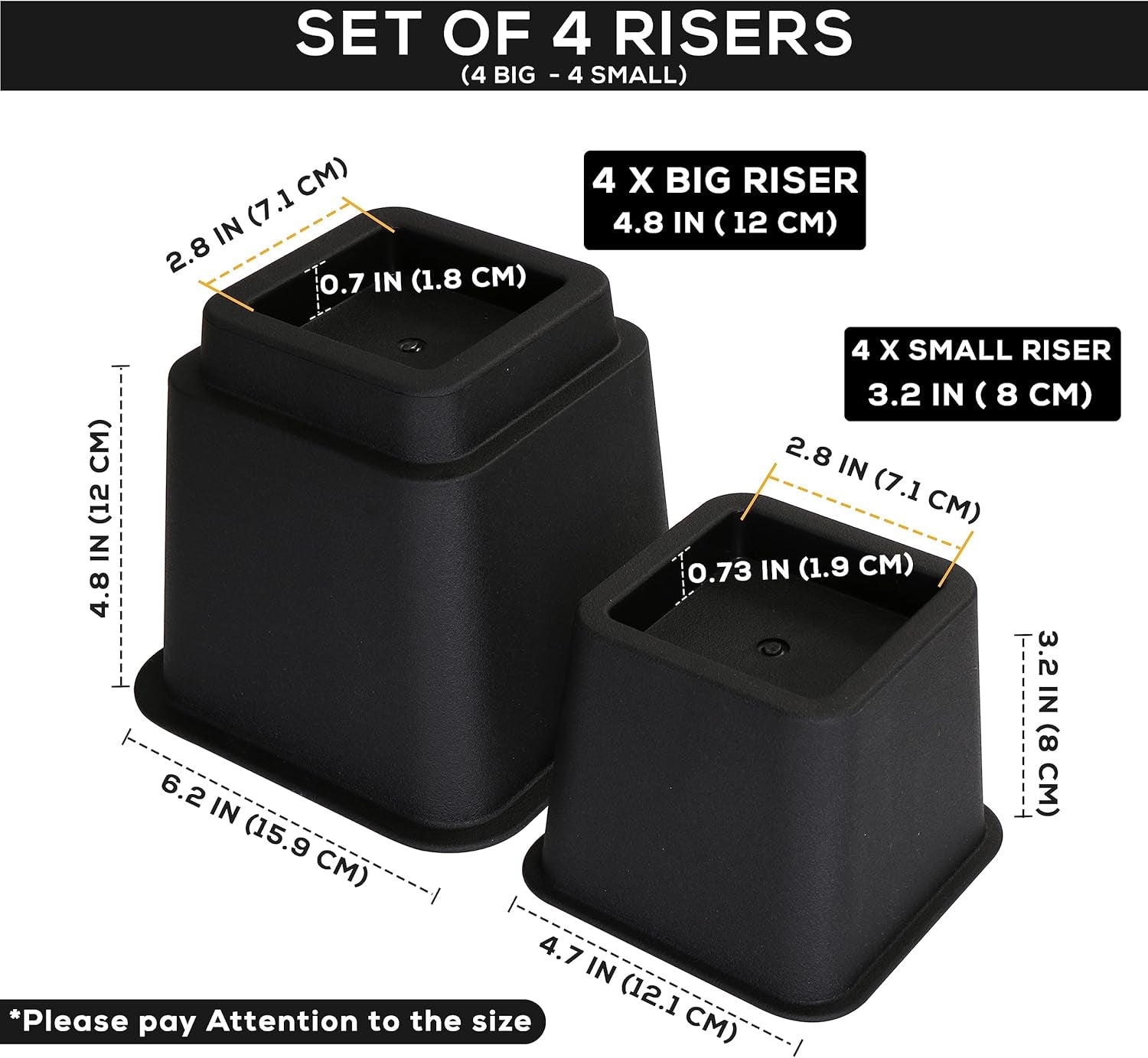 - Adjustable Bed Risers 3, 5, 8 Inch – Heavy Duty Furniture Riser Set of 4 for Beds, Couch & Desk – under Bed Storage & Dorm Room Essential – Supports up to 1,300 Lbs – Black