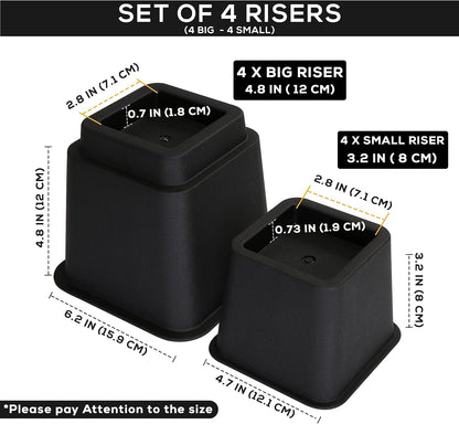 - Adjustable Bed Risers 3, 5, 8 Inch – Heavy Duty Furniture Riser Set of 4 for Beds, Couch & Desk – under Bed Storage & Dorm Room Essential – Supports up to 1,300 Lbs – Black