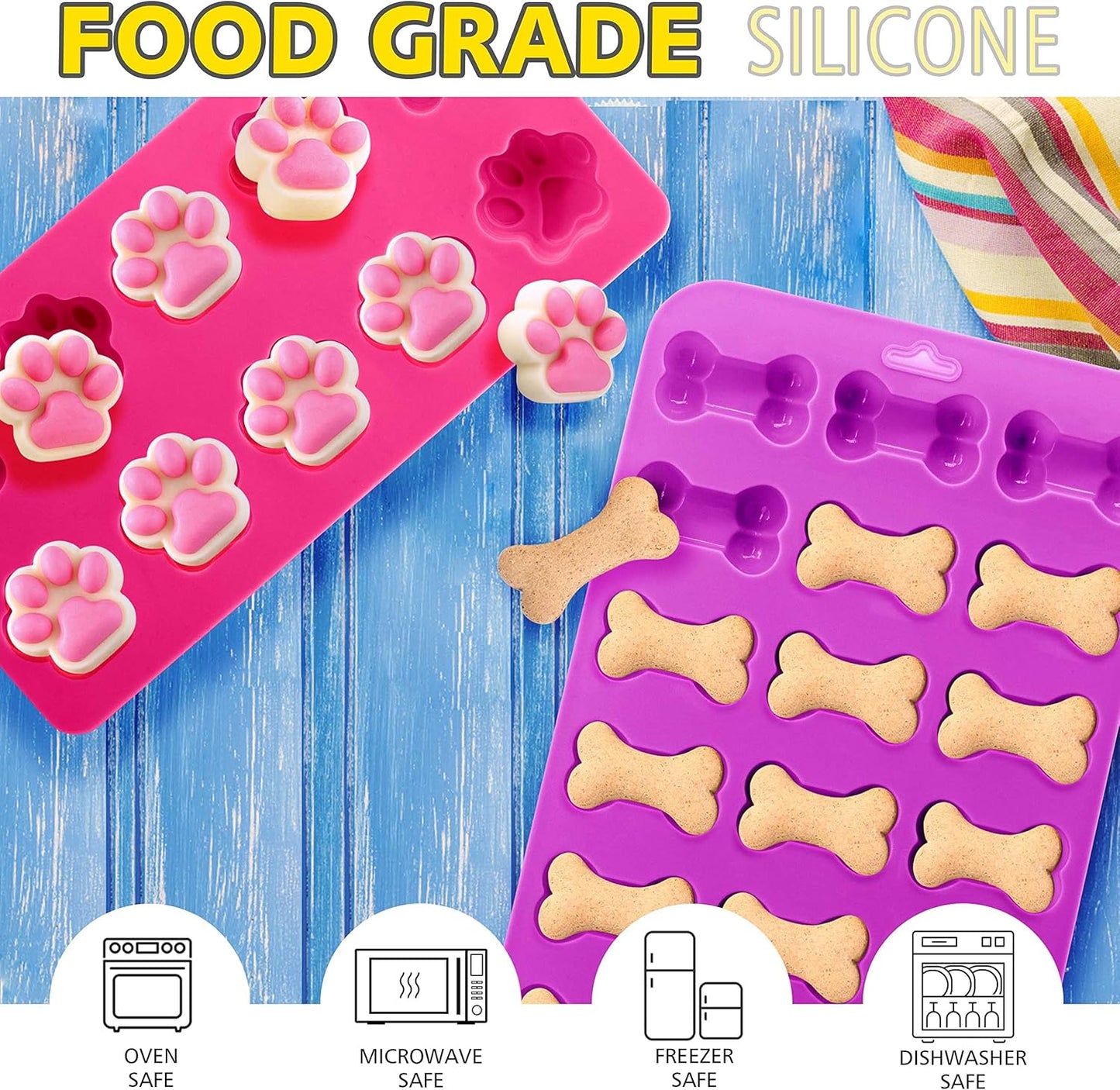 Reusable Silicone Molds with Puppy Dog Paw and Bone Shaped, Flexible & Non-Stick Ice Cube Tray, Candy and Chocolate Making Mold for Homemade Baking Dog Treats, Jelly, Biscuit & Cupcake (2 Pack)
