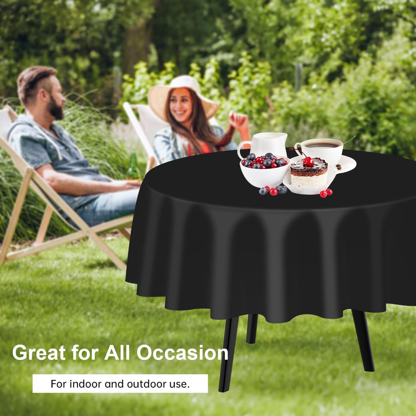Black round Tablecloth 2 Pack, 84 Inch Plastic Table Cover Disposable for Parties