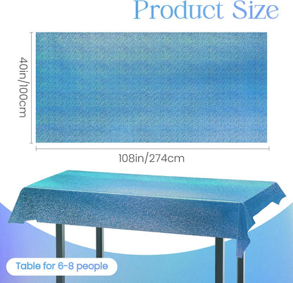 Blue Holographic Laser Tablecloth, 40" x 108", Plastic Party Table Cover for Winter Ocean Princess Birthday, Wedding, Baby Shower, and Christmas Celebrations