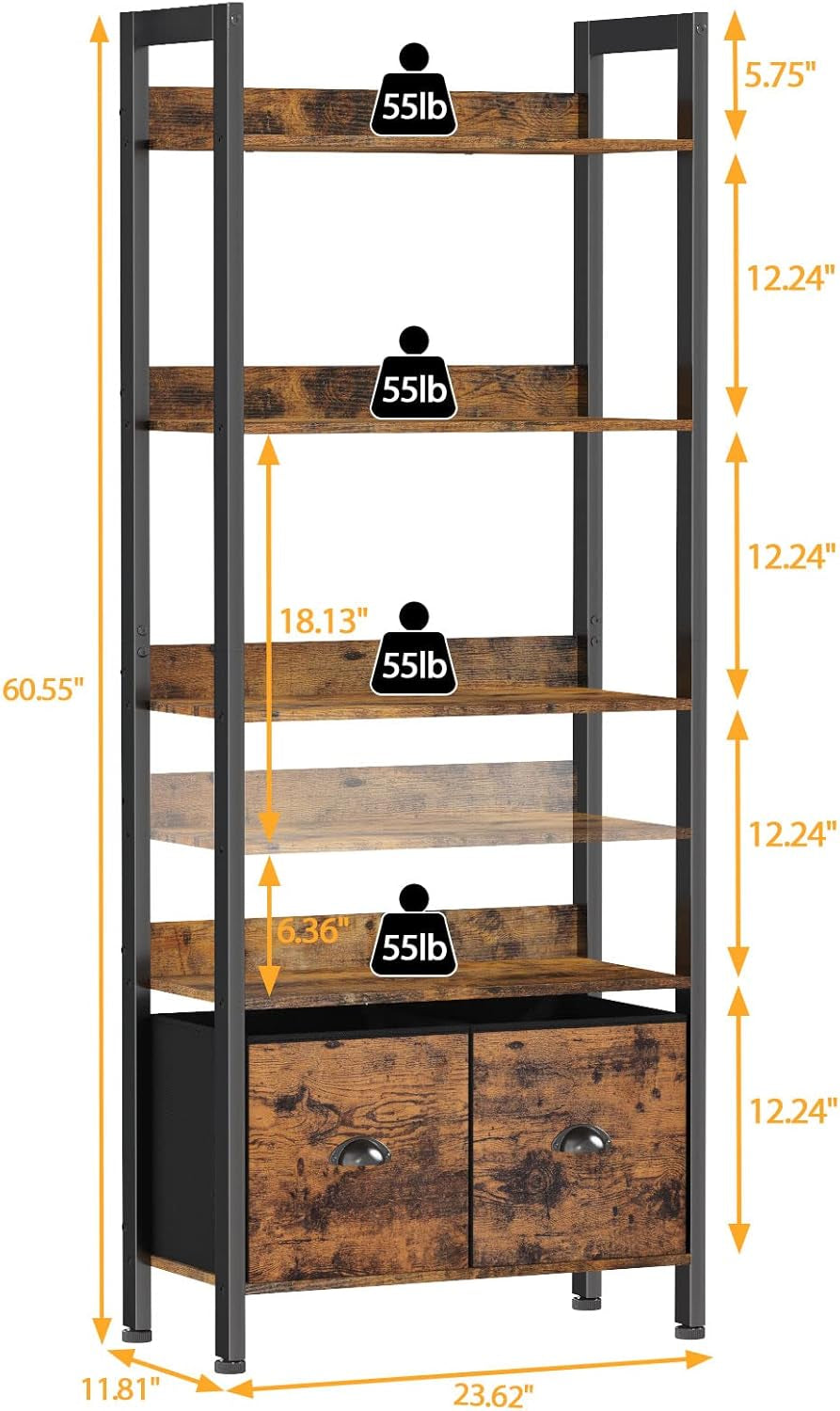5-Tier Bookshelf, Tall Bookcase with 2 Storage Drawers, Industrial Display Standing Shelf Units, Wood and Metal Storage Shelf for Living Room, Bedroom, Home Office, Rustic Brown