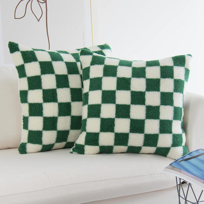 Decorative Throw Pillow Covers Luxury Style Checkerboard Pattern Cushion Case Super Soft Faux Fur Wool Sherpa Pillowcases for Couch Bedroom Pack of 2 (Green, 18 X 18-Inch)