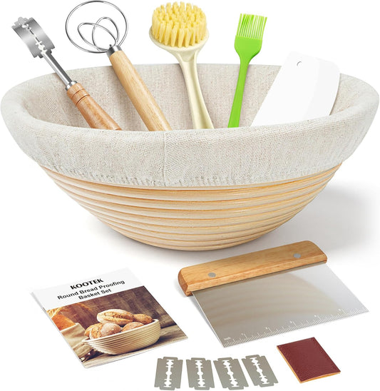 Banneton Bread Proofing Basket Set, 9 Inch round Sourdough Starter Kit, Baking Supplies Tools with Dough Whisk, Scoring Lame, and Other Accessories for Artisan Bread Making