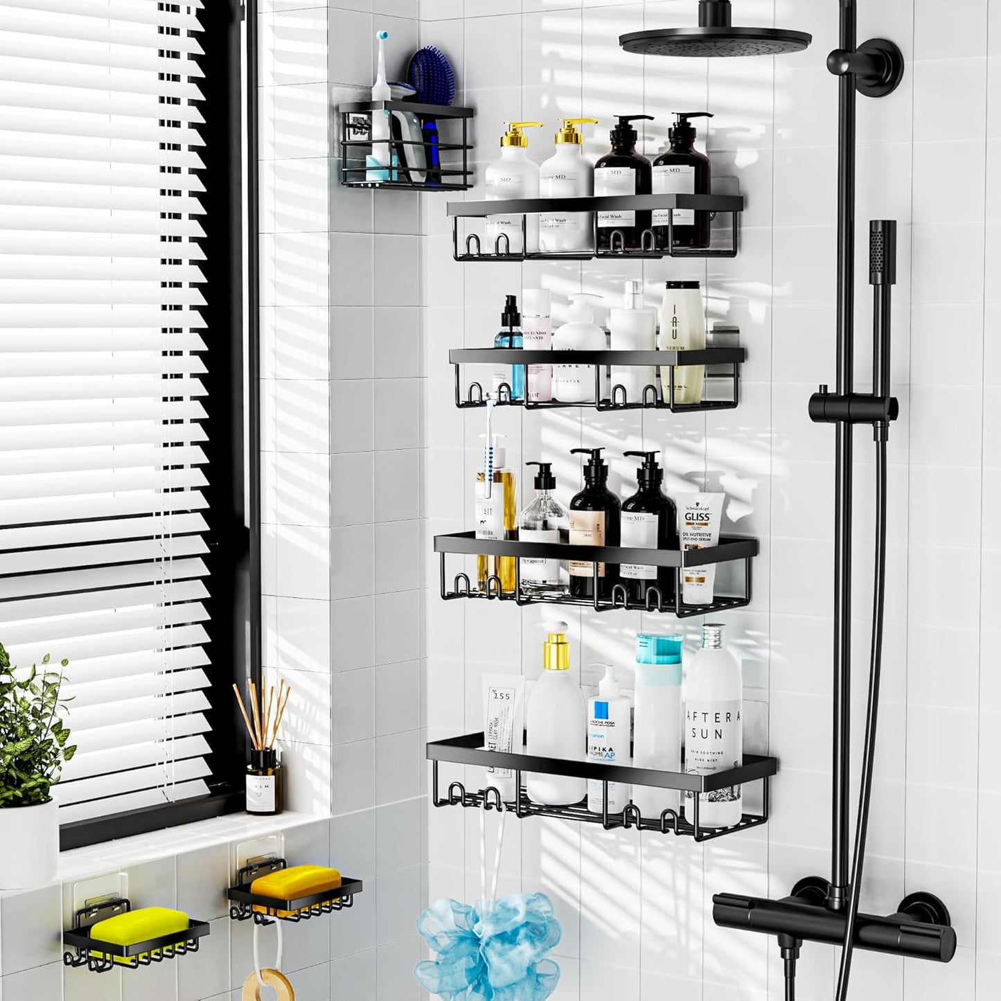 7 Pack Adhesive Shower Organizer Caddy Shelves Rack - Corner Bathroom Storage Organization, Home&Kitchen Decor inside RV Accessories, Hanging House Apartment Camper Essentials