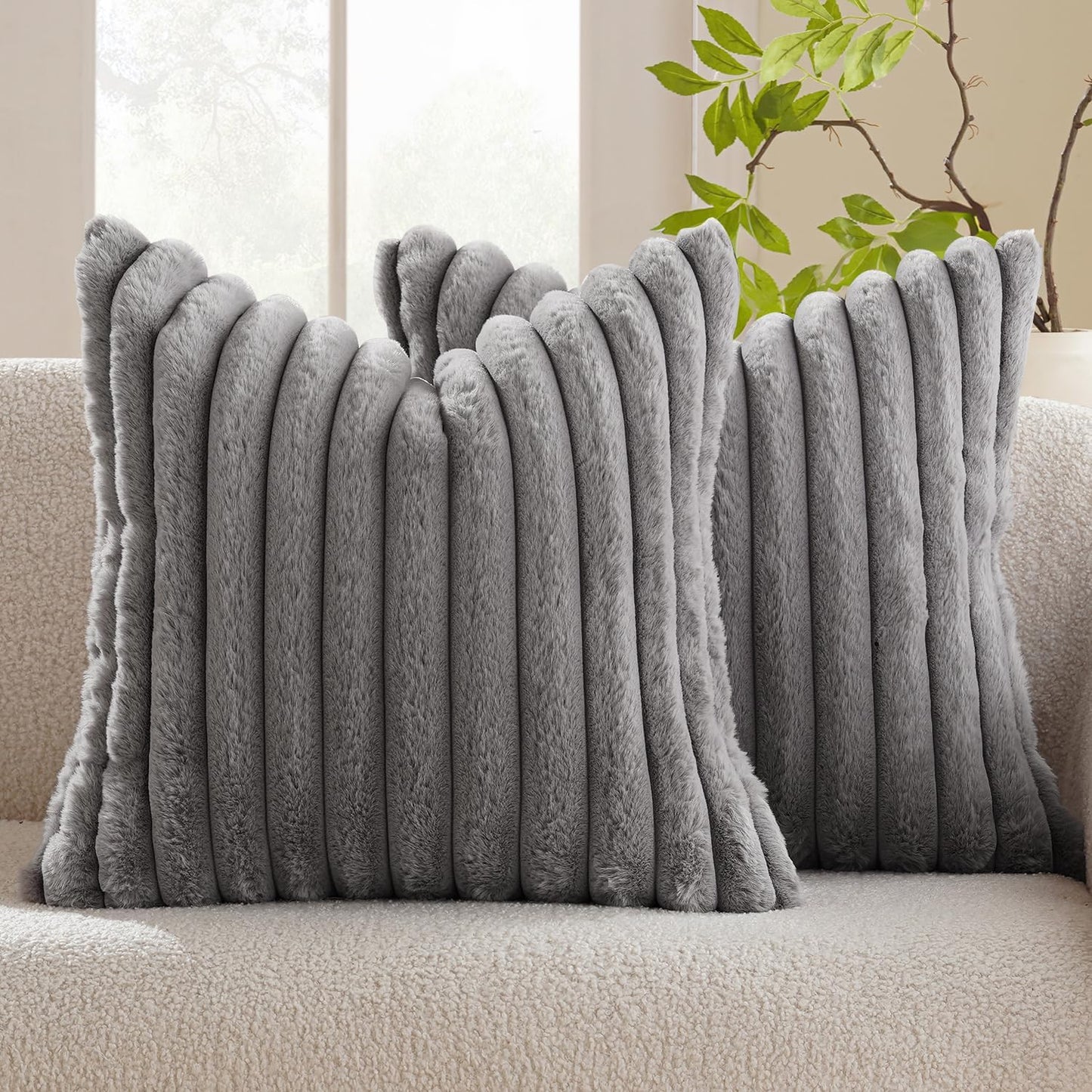 Faux Fur Plush Decorative Throw Pillow Covers Set of 2 Luxury Soft Fluffy Striped Pillowcases Cushion for Sofa Couch Bed Living Room Light Grey 18X18 Inch