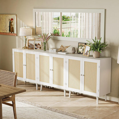 Buffet Cabinet with Storage and PE Rattan Decorative Doors, Featuring Solid Wood Legs for Hallway, Entryway, and Living Room - White Finish