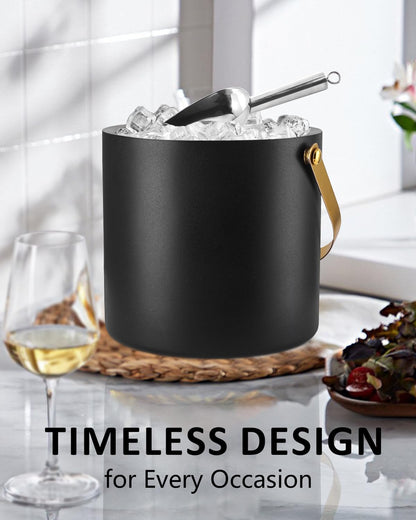 3L Ice Bucket with Silicone Lid, Scoop, Gold Tongs & Strainer, Stainless Steel Double Wall Insulated Ice Buckets for Parties & Cocktail Bar, Outdoor Champagne Ice Container Bin, Black