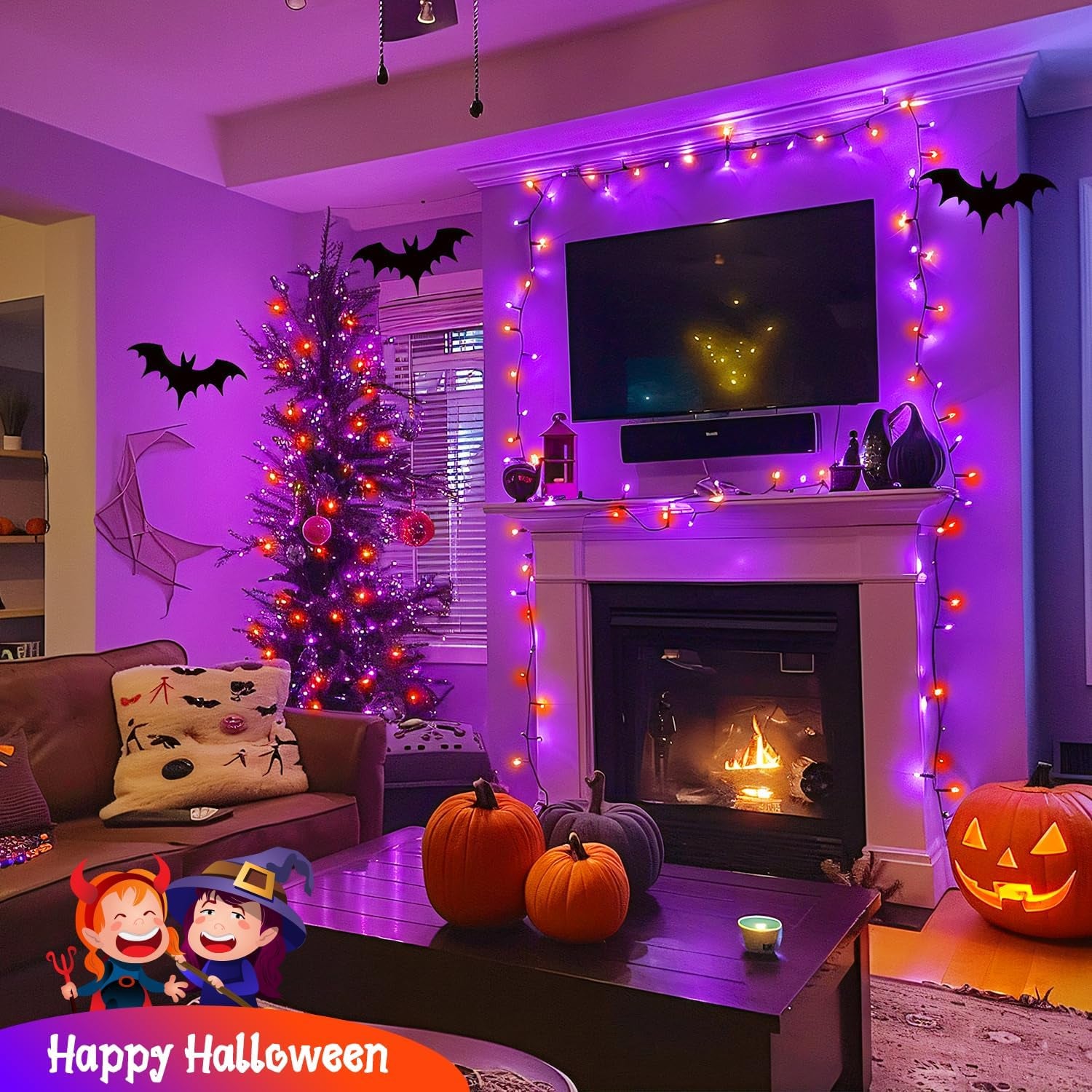 Orange and Purple Halloween Lights: 132Ft 400 LED String Lights Plug in - Halloween Lights Indoor Outdoor for Yard Tree Porch