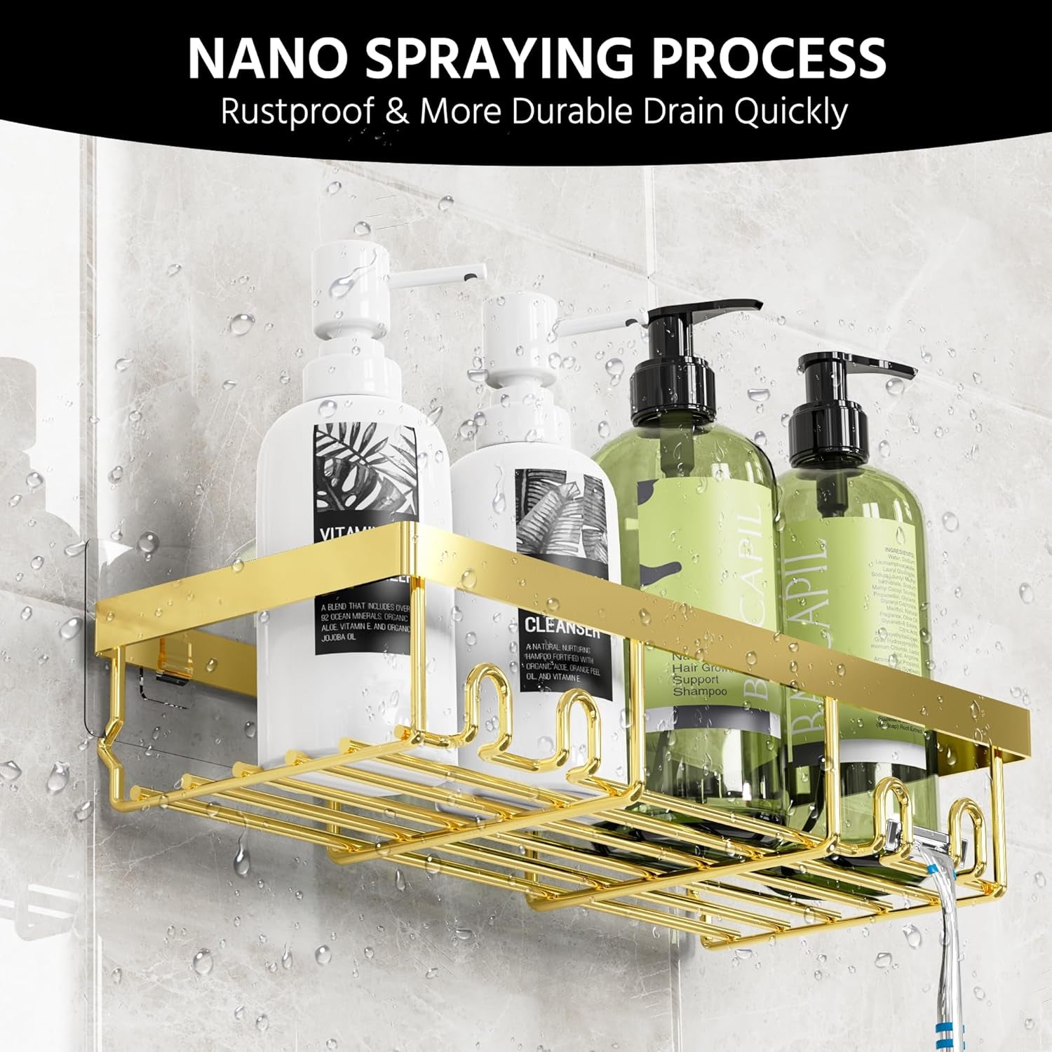 3-Pack Shower Caddy Basket Shelf with Soap Holder, No Drilling Traceless Adhesive Shower Wall Shelves, Rustproof Gold Bathroom Shower Storage Organizer