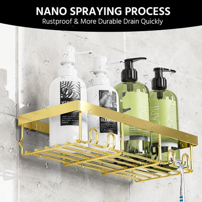 3-Pack Shower Caddy Basket Shelf with Soap Holder, No Drilling Traceless Adhesive Shower Wall Shelves, Rustproof Gold Bathroom Shower Storage Organizer