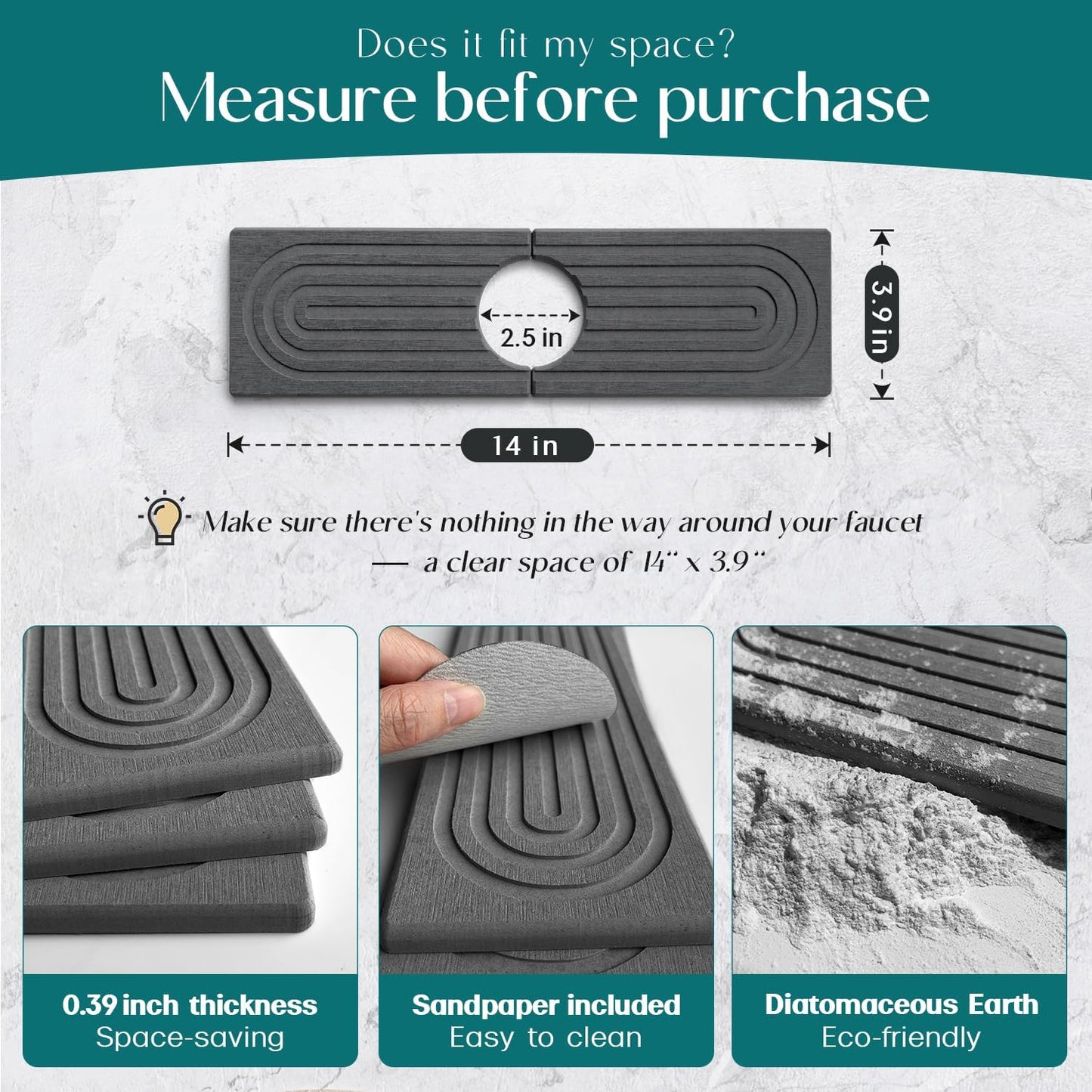 Diatomite Kitchen Faucet Mat - 14Inch Water Absorbing Stone Tray for Sink, Stone Fast-Drying Faucet Mat for Kitchen Counter Sink Accessories (Dark Grey, 14'' X 3.9'')